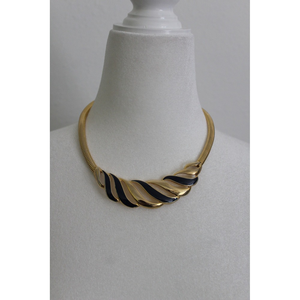 VTG Gold Tone Navy Enamel Swirl Collar Necklace Omega Snake Chain Choker